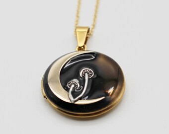 Mushrooms Moon Locket Necklace · Handmade Jewelry · Custom Photo Pendant · Moon Necklaces · Personalized Gifts · Gift for Her · Lockets