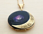 Vintage Locket Moon Crescent Moon Phases Necklace Jewelry Galaxy Lockets Antique Space Stars Planets Outer Space Custom Personalize Photos