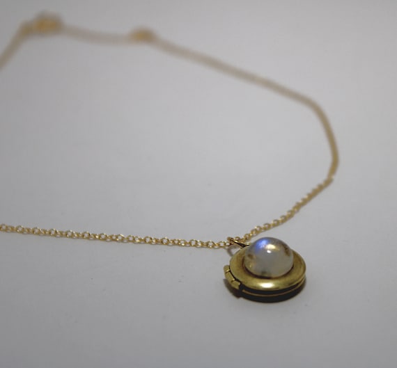 Locket Necklace Rainbow Moonstone · Tiny Delicate Custom Photo