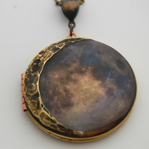 Vintage Locket Moon Crescent Moon Phases Necklace Jewelry Galaxy Lockets Antique Space Stars Planets Outer Space Custom Personalize Photos