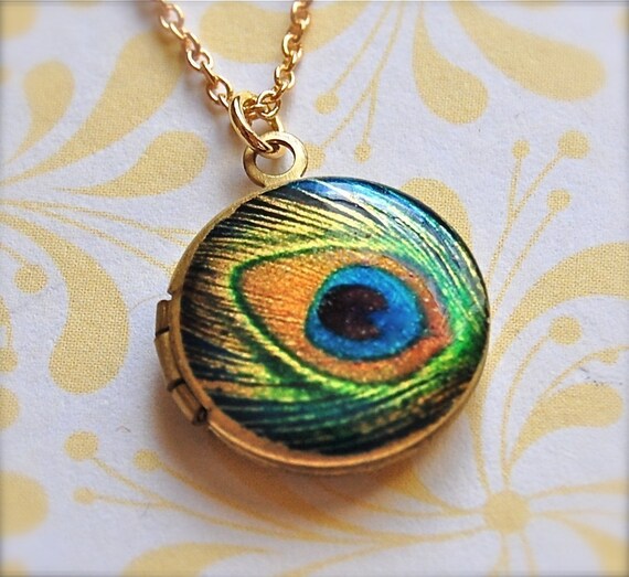 Locket Small Peacock Feather Locket Necklace Gold Chain  