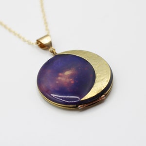 Vintage Locket Moon Crescent Moon Phases Necklace Jewelry Galaxy Lockets Antique Space Stars Purple Outer Space Custom Personalize Photos image 3