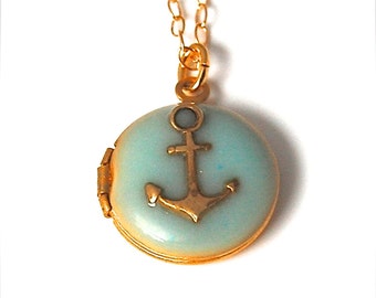 Anchor Necklace Locket Jewelry Anchors Nautical Wedding Layering Necklaces Tiny Locket Jewelry Small Gold Filled Turquoise Enamel Delicate