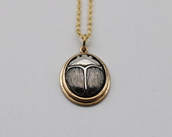 Scarab Beetle Pendant Necklace · Sterling Silver and Bronze Jewelry · Charm Necklaces · Layering · Unique Gifts · Art Deco Egyptian