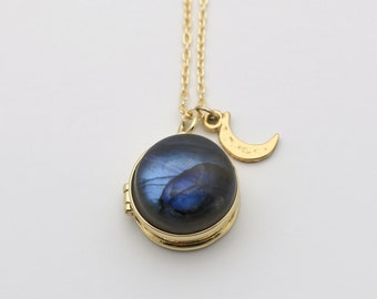 Collier médaillon · Pendentif en pierre de labradorite · Médaillons en or · Bijoux photo personnalisés · Cadeau personnalisé pour maman · Minimaliste fait main · Lune