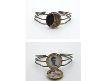 Locket Cuff Bracelet Moon Jewelry Lockets Vintage Custom Photo Picture Antique Brass Black Gold Moon Phase Crescent Moon Customized Picture