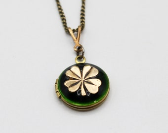 Locket Necklace Four 4 Leaf Clover Mini Tiny Layering Jewelry Good Luck Charm Custom Photo Photograph Picture Personalized Gifts Green Irish