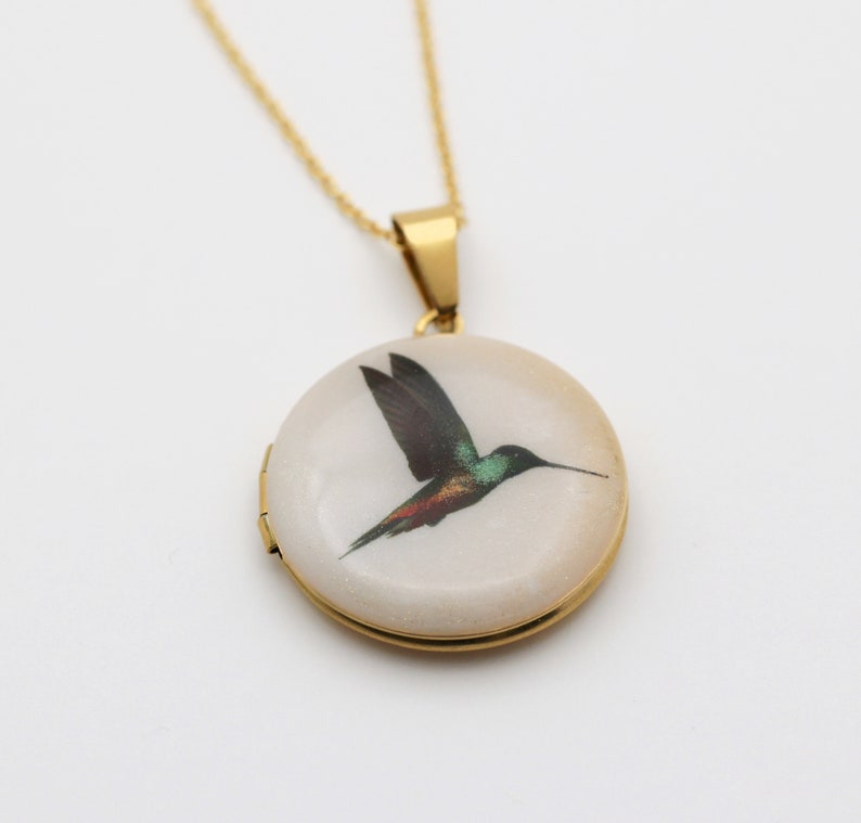 Hummingbird Locket Necklace Birds Feathers Hummingbirds Necklaces Lockets Customized Layering Pieces Unique Gift Personalized Gift Bird image 1