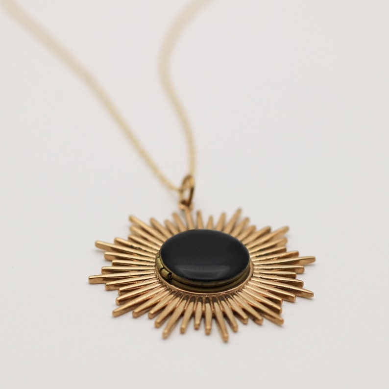 Locket Necklace Gold Starburst Gold Filled Chain Black Enamel Photograph Jewelry Custom Gifts Picture Necklaces Layering Lockets Delicate image 3