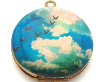 Vintage Locket Necklace Birds Flight in Sky Clouds Blue Sky Bird Locket Bird Jewelry Unique Gift Keepsake Necklaces Brass Gold Customize