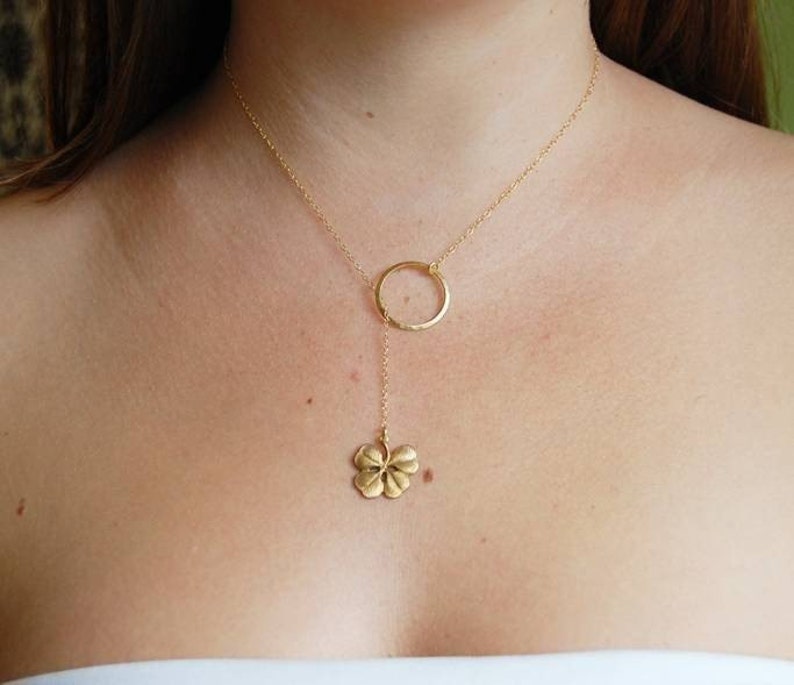 4 Leaf Clover Lariat Necklace Four Leaf Clovers Jewelry Lariats Necklaces Delicate Everyday Wear Luck Lucky Gift Gifts Irish Ireland image 1