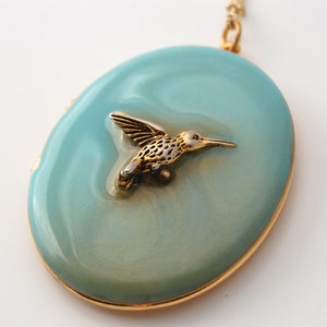 Hummingbird Locket Necklace, Turquoise Enamel Jewelry, Gold Hummingbird Pendant, Unique Keepsake, Long Layering Necklace, Vintage Lockets