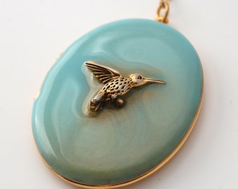 Hummingbird Locket Necklace, Turquoise Enamel Jewelry, Gold Hummingbird Pendant, Unique Keepsake, Long Layering Necklace, Vintage Lockets