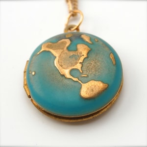 Locket Necklace World Globe Map Jewelry Locket Necklace Planet Earth Jewelry Brass Gold on Long Chain Galaxy Turquoise Ocean Sea