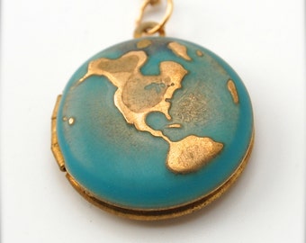 Locket Necklace World Globe Map Jewelry Locket Necklace Planet Earth Jewelry Brass Gold on Long Chain Galaxy Turquoise Ocean Sea