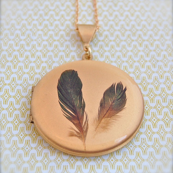 Vintage-Medaillon Federn Feder Schmuck Antike Halskette Halsketten Vogel Vögel Schwarz Gold Messing benutzerdefinierte Foto Schmuck Portland