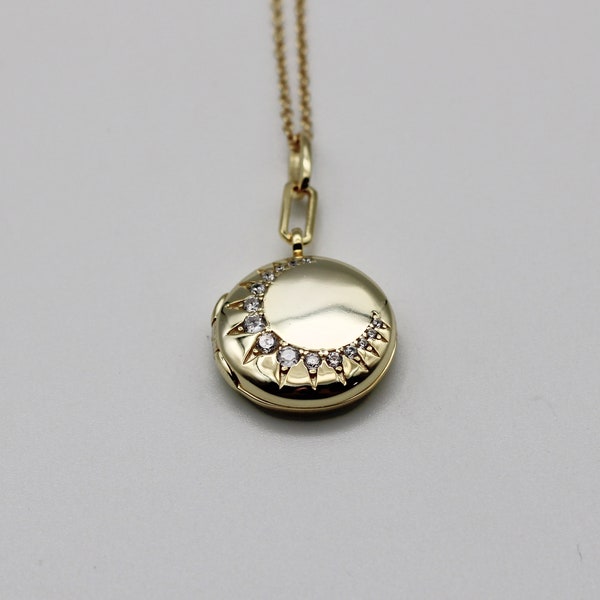 Gold Locket Halskette · Mond Schmuck · Kundenspezifische Foto Lockets · Personalisierte Geschenke · Einzigartiges Geschenk · Kristall Schmuck · Mourning Denim