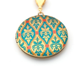 Vintage Inspired Locket Necklace with Turquoise and Red Floral Wallpaper Print