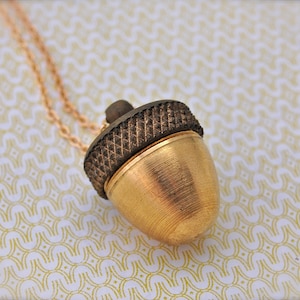 May include: A gold acorn pendant necklace with a detailed textured cap and a smooth, shiny body. The necklace is on a gold chain.
