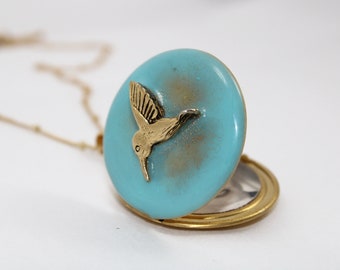 Hummingbird Locket Necklace · Custom Photo Jewelry · Handmade · Unique Gifts For Her · Gold Hummingbirds · Turquoise Blue · Mourning Lockets