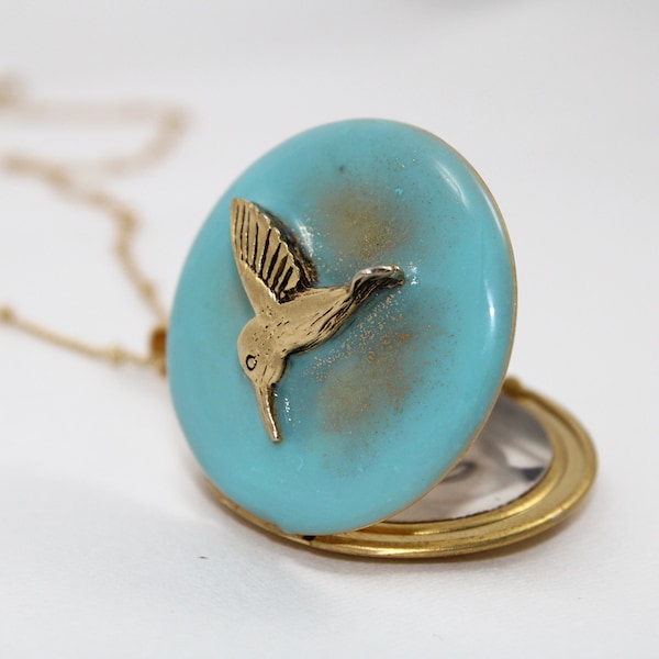 Hummingbird Locket Necklace · Custom Photo Jewelry · Handmade · Unique Gifts For Her · Gold Hummingbirds · Turquoise Blue · Mourning Lockets