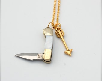 Tiny Miniature Working Penknife Pocketknife and Gold Arrow Charm Necklace