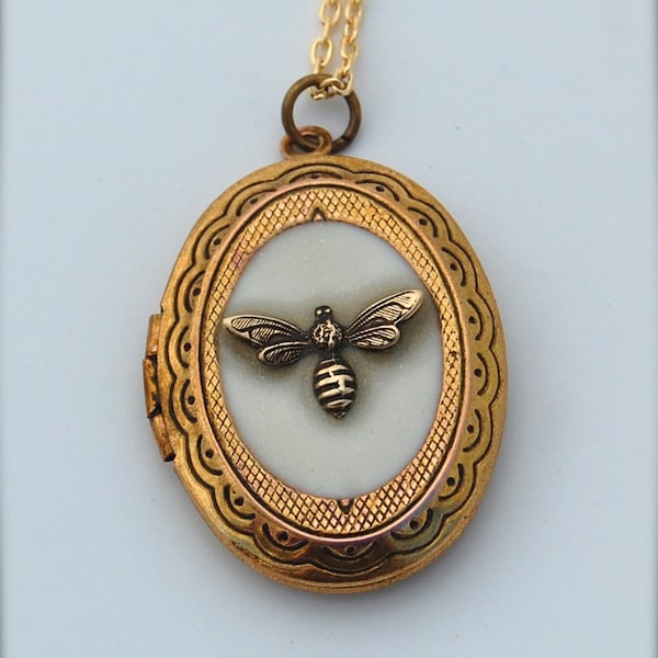 Bumblebee Jewelry Locket Necklace Bumble Bee Brass Gold Oval Bee Pendant The Birds and the Bees Insects Miniature Charms