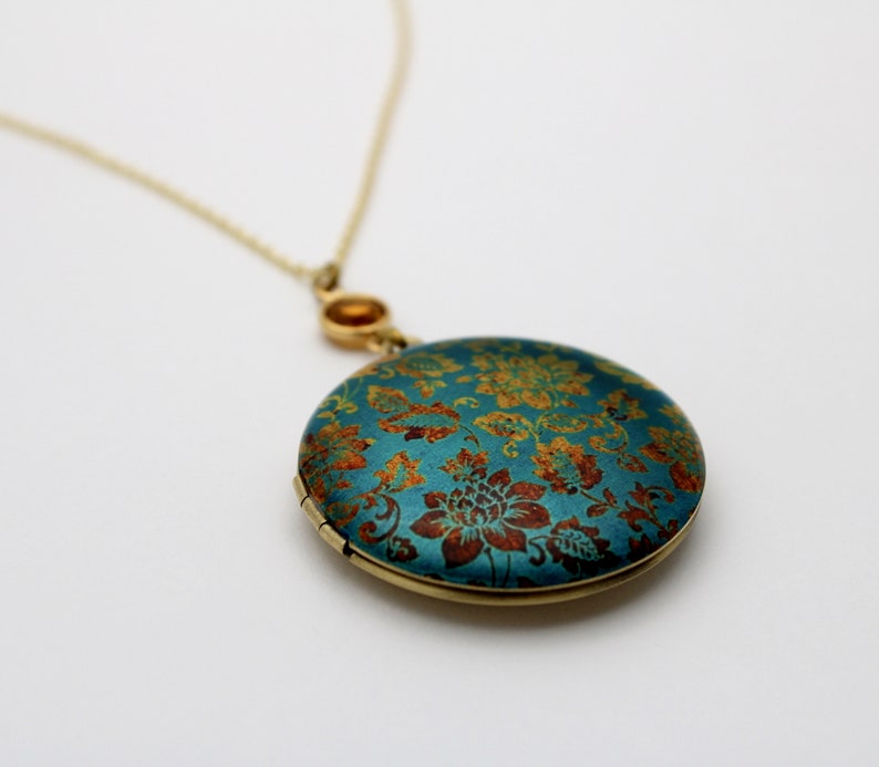 Locket Necklace Floral Turquoise Gold Flowers Wallpaper Print Antique Style Photograph Jewelry Necklaces Taupe November Birthday Custom Gift image 2