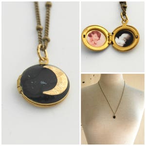 Moon Locket Necklace · Tiny Jewelry · Gold Layering Necklaces · Locket with Photo · Handmade Gift · Moon and Stars · Crescent Moon Necklace