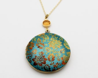 Médaillon collier Floral turquoise fleurs or papier peint impression Style antique photographie bijoux colliers taupe novembre anniversaire cadeau personnalisé