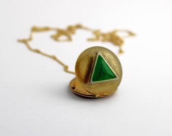 Vintage Locket Necklace Geometric Triangle Shapes Triangles Long Layering Jewelry Unique Custom Gift Customized Green Gold Personalize Photo