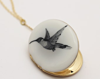 Vintage Locket Hummingbird Necklace Custom Gift Photograph Jewelry Memorial Necklaces Long Layering Picture Quote Black and White Lockets