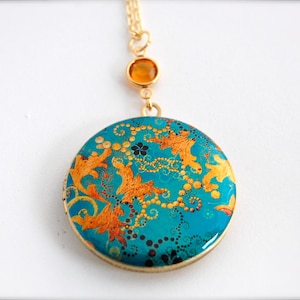 Locket Necklace Floral Print • Toupe Topaz Crystal • Gift for Women • Photo Jewelry • Unique Gifts for Her • Turquoise Gold Flowers • Unique