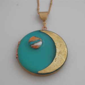 Vintage Locket Moon and Sun Necklace Turquoise Brass Mom Jewelry Galaxy Lockets Space Stars Planet Outer Space Custom Personalize Photos