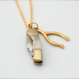 Pocket Knife Necklace Jewelry Mini Jackknife Tiny Knife Charm Wishbone Jewelry Good Luck Charms Unique Gifts Long Penknife Necklace