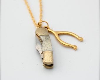 Pocket Knife Necklace Jewelry Mini Jackknife Tiny Knife Charm Wishbone Jewelry Good Luck Charms Unique Gifts Long Penknife Necklace