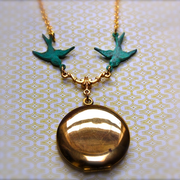 Vintage Locket and Turquoise Teal Birds Necklace Brass