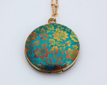 Vintage Locket Necklace with Turquoise and Gold Floral Wallpaper Print Photograph Placement Custom Jewelry Personalize Gifts Lockets Gift