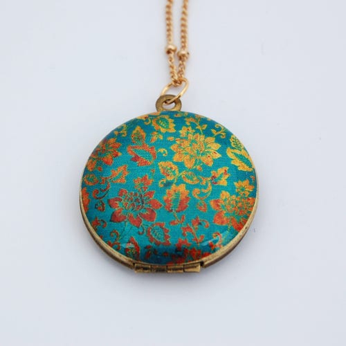 Vintage Locket Necklace With Turquoise and Gold Floral - Etsy