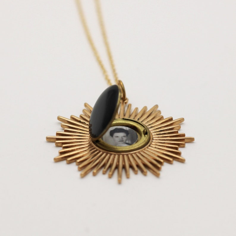 Locket Necklace Gold Starburst Gold Filled Chain Black Enamel Photograph Jewelry Custom Gifts Picture Necklaces Layering Lockets Delicate image 2