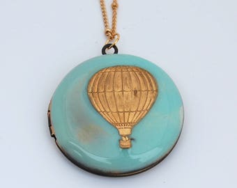 Locket Necklace Hot Air Balloon · Custom Photo Locket · Personalized Jewelry · Blue and Gold Lockets · Handmade Jewelry · Unique Gifts