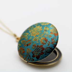 Locket Necklace Floral Turquoise Gold Flowers Wallpaper Print Antique Style Photograph Jewelry Necklaces Taupe November Birthday Custom Gift image 3