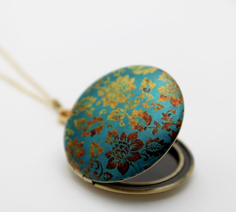 Locket Necklace Floral Turquoise Gold Flowers Wallpaper Print Antique Style Photograph Jewelry Necklaces Taupe November Birthday Custom Gift image 3