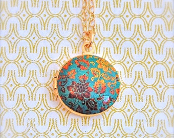 Small Locket Necklace Vintage Inspired Turquoise and Gold Floral Wallpaper Print