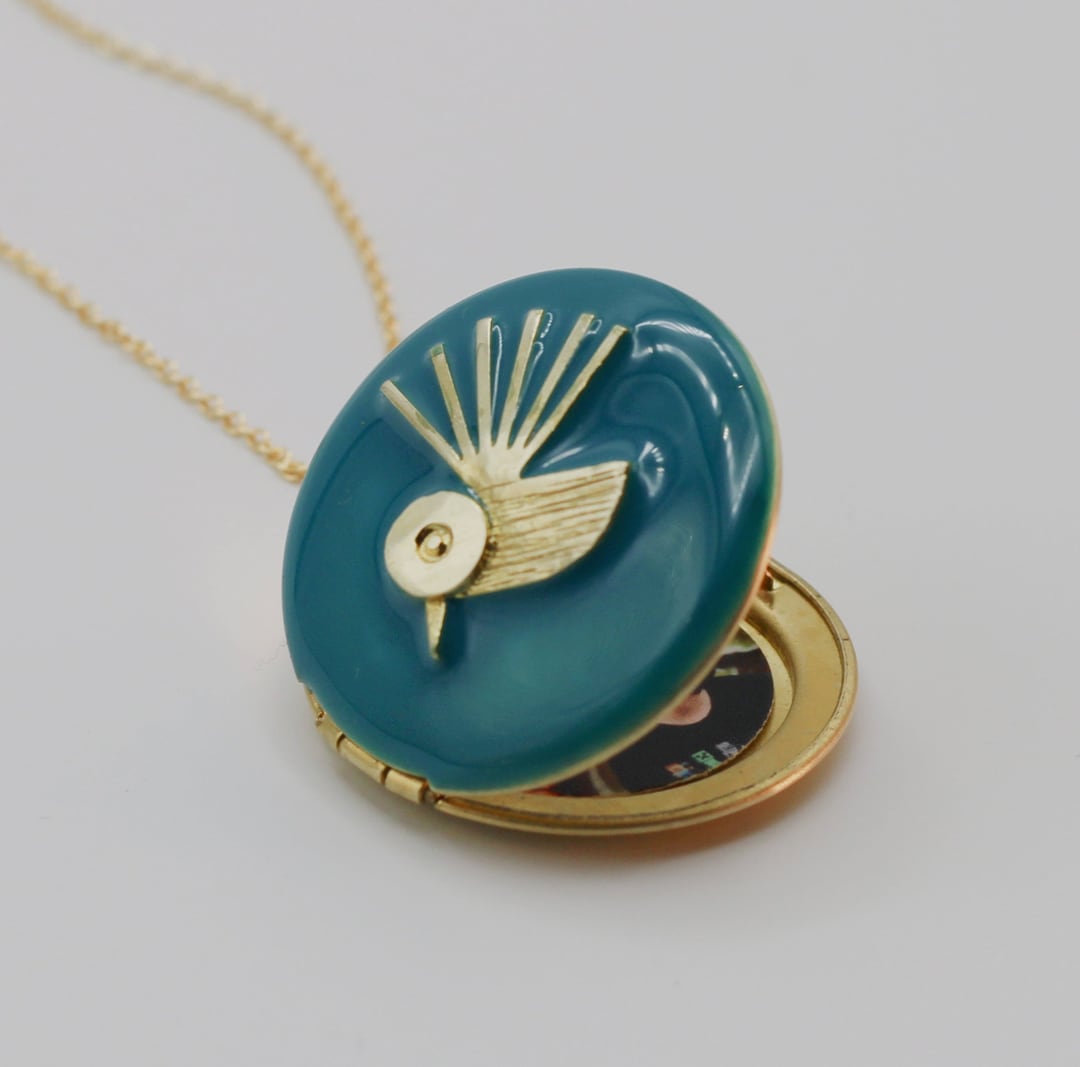 Hummingbird Locket Necklace · Turquoise Blue Enamel Jewelry · Birds ...
