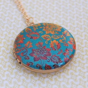 Art Locket Necklace Gold and Turquoise Vintage Inspired Floral Wallpaper Print image 1
