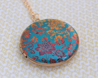 Art Locket Necklace Gold and Turquoise Vintage Inspired Floral Wallpaper Print