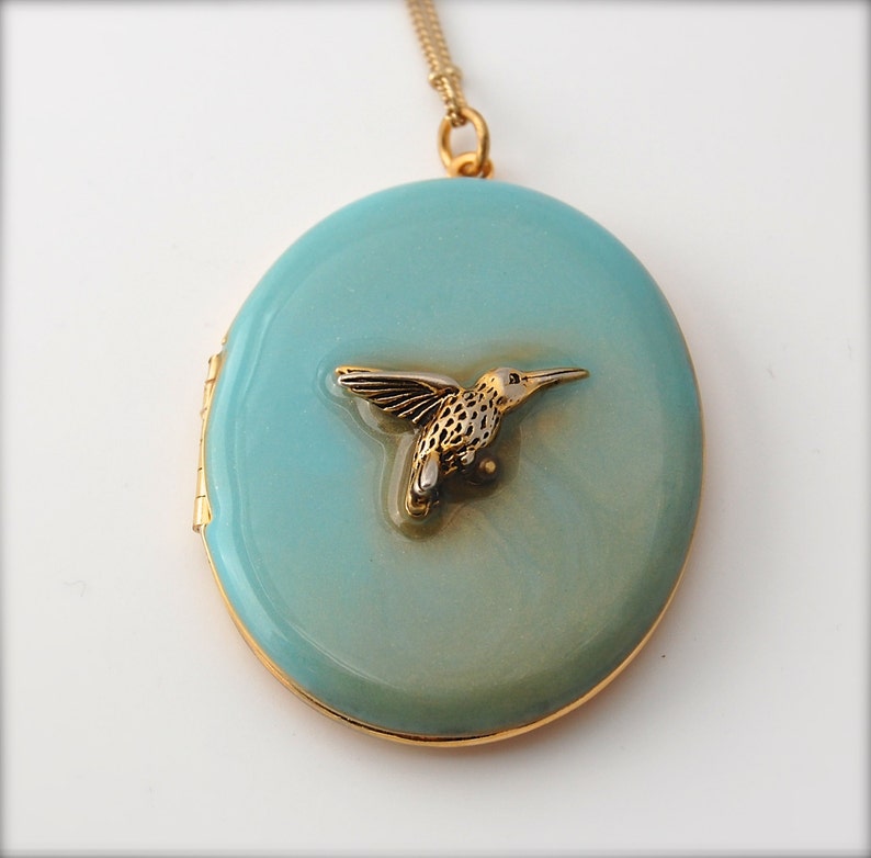 Hummingbird Locket Necklace Turquoise Enamel Jewelry Gold - Etsy Canada