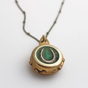Locket Necklace Horseshoe Lucky Charm • 4 Photos Lockets Unique Jewelry Gifts for Her or Him • Horse Horses Pendant • Green Gold Lockets