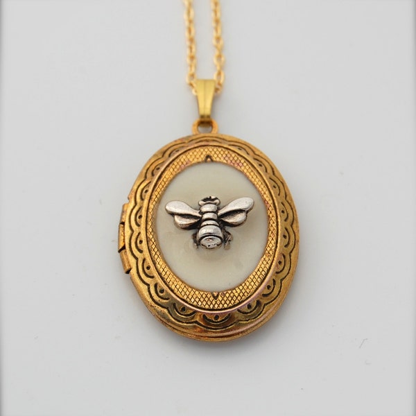 Ornate Locket Bumblebee Necklace Oval Brass Gold